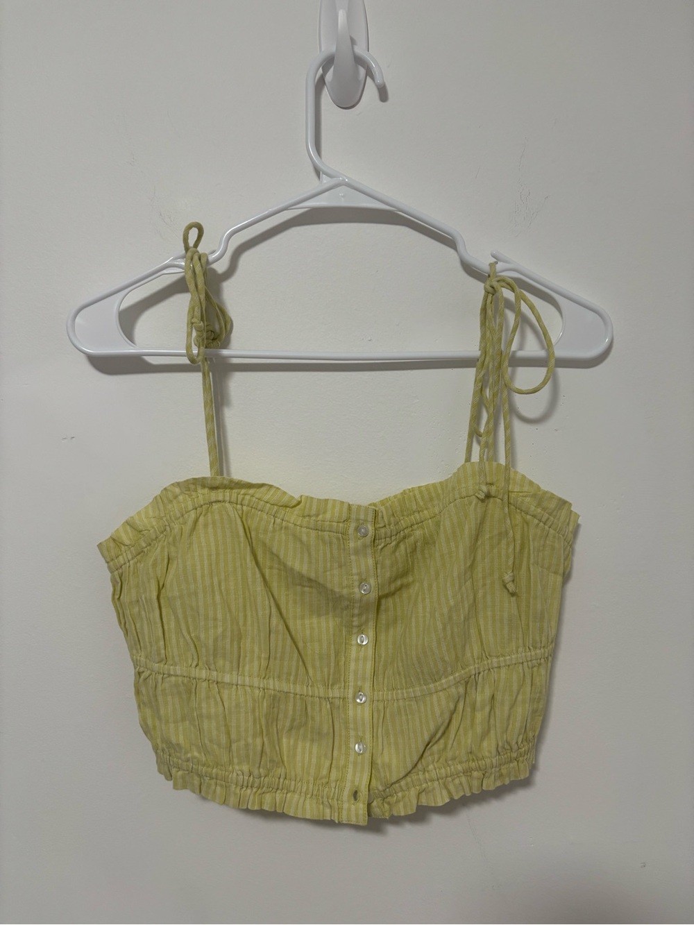 Aerie striped tie shoulder yellow button front crop top